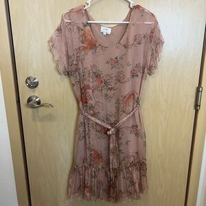 Johnny Was Dusty Rose Floral Silk Belted Dress